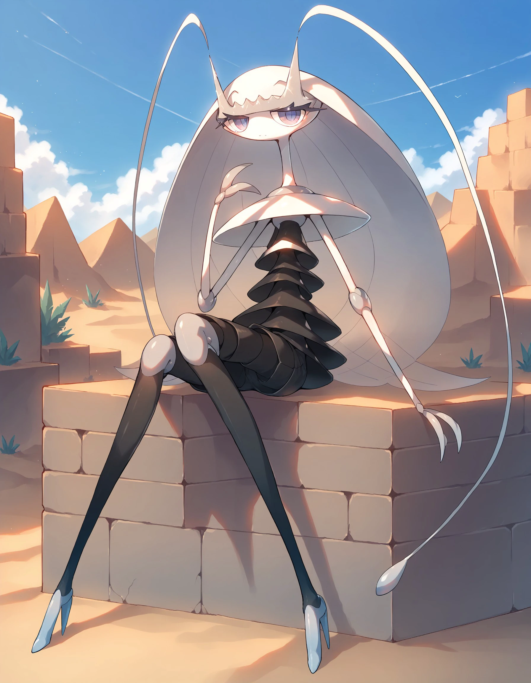 score_9, score_8_up, score_7_up, PheroXL, pokemon \(creature\), desert, sunny, (solo), full body, looking at viewer, shiny pokemon, alternate color, black legs, silver tiara, silver joints, silver claws