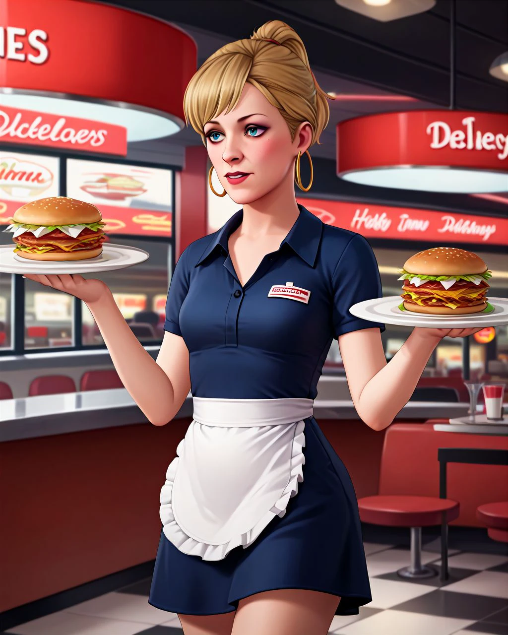 score_9, score_8_up, score_7_up, score_6_up, score_5_up, score_4_up, solo,  <lora:joyceLIS_PDXL:1> joycelis, blonde hair, short ponytail, hair jewelry, blue eyes, makeup, hoop earrings, diner waitress, diner, navy dress, waist apron, pumps, holding plates of food, walking,