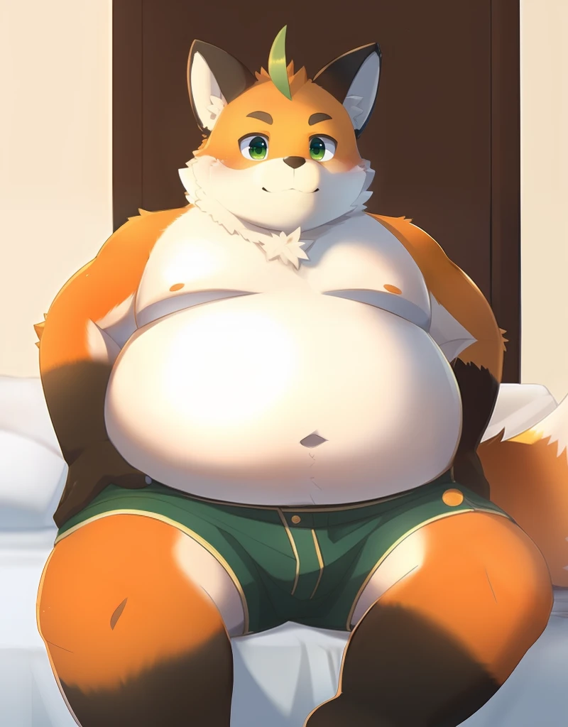 (((detailed eyes, detailed face))), (furry, iyo <lora:character_iyo_findigo_v1:0.9>, two-tone fur, ahoge, fox boy, snout, green eyes), male, (solo), (plump, fat, chubby, overweight), (green shorts, topless), sitting, (arms behind back), smile, (front view) BREAK (konzaburou, ukan_muri), bedroom, (flat shading, high brightness), 8k, UHD, masterpiece, (full body)