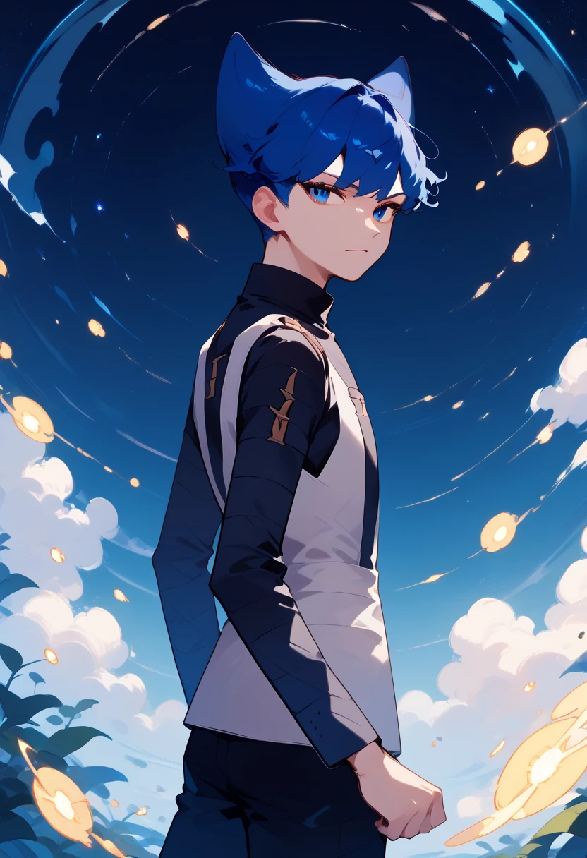 score_9, score_8_up, score_7_up, masterpiece, best quality, amazing quality, best aesthetic, ,absurdres,intricate details,saturn_pokemon, blue eyes, blue hair, black LONG SLEEVES  shirt, grey vest, black pants, grey shoes<lora:EMS-373804-EMS:0.800000>, <lora:EMS-382814-EMS:1.000000>