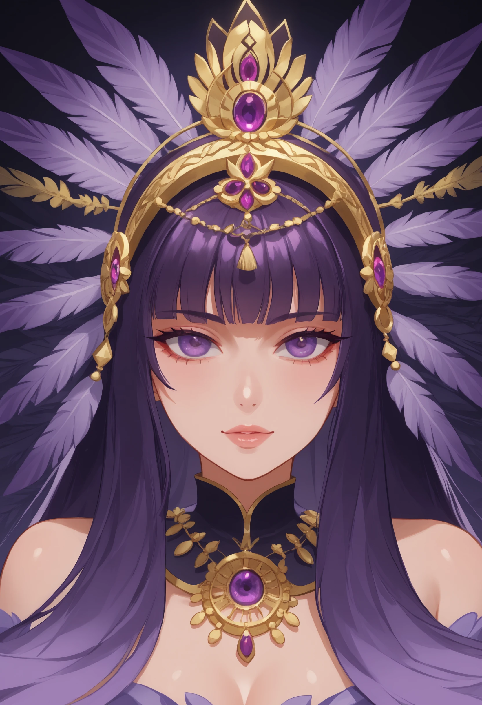 A mesmerizing digital portrait of a charismatic woman with piercing violet eyes, adorned in an ornate headdress, surrounded by vibrant blossoms and delicate feathers, face focus