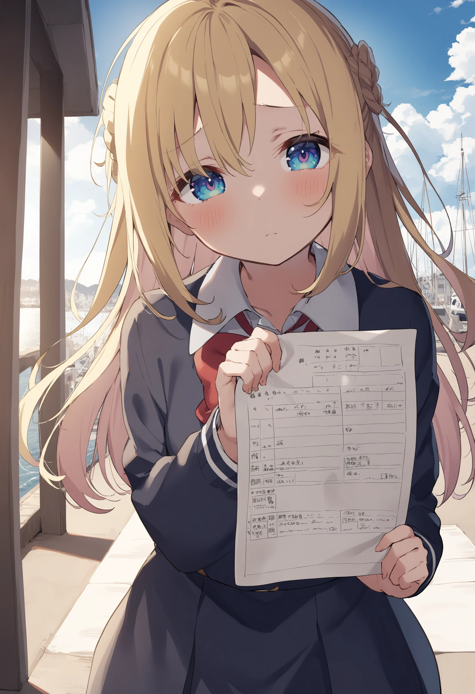 1girl,sincos, ningen mame, toosaka asagi,solo,medium breasts,school uniform,
marriage certificate,<lora:marriagecertificate_XL_v1:0.9>
from behind, panorama shot, looking away, blonde hair, gray eyes,troubled eyebrows, harbor, closed mouth, french hair,,
best quality, very aesthetic, absurdres