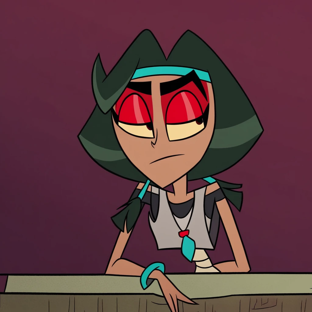 native american, headband, dark skin, Long Gone Gulch, 1girl, Buffalo Wing from Long Gone Gulch, green hair, dark-skinned female, red-eyeliner