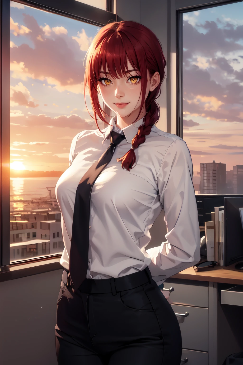 (masterpiece), (best quality), (beautiful eyes and face), (perfect female body),
<lora:makima-10:0.8>,
looking at viewer, cowboy shot,
makima, red eyes, short hair, braid, braided ponytail, yellow eyes,
office lady, white shirt, black necktie, black pants,
standing, arms behind back,
smile,
office, sunset,