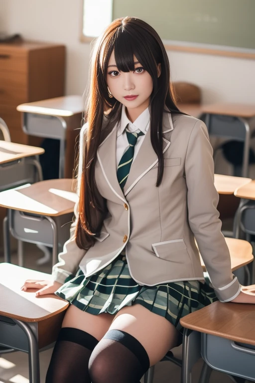 ltra-detailed,highly detailed,best quality,masterpiece,illustration,realistic,photorealistic,
bangdream, school uniform, 
1girl, solo, 
jacket, collared shirt, plaid skirt, pleated skirt, 
long sleeves, necktie, thighhighs, zettai ryouiki, 
long hair, bangs, 
looking at viewer, cowboy shot, 
indoors, classroom, 
 <lora:bangdream_yq_v1_03:0.8>