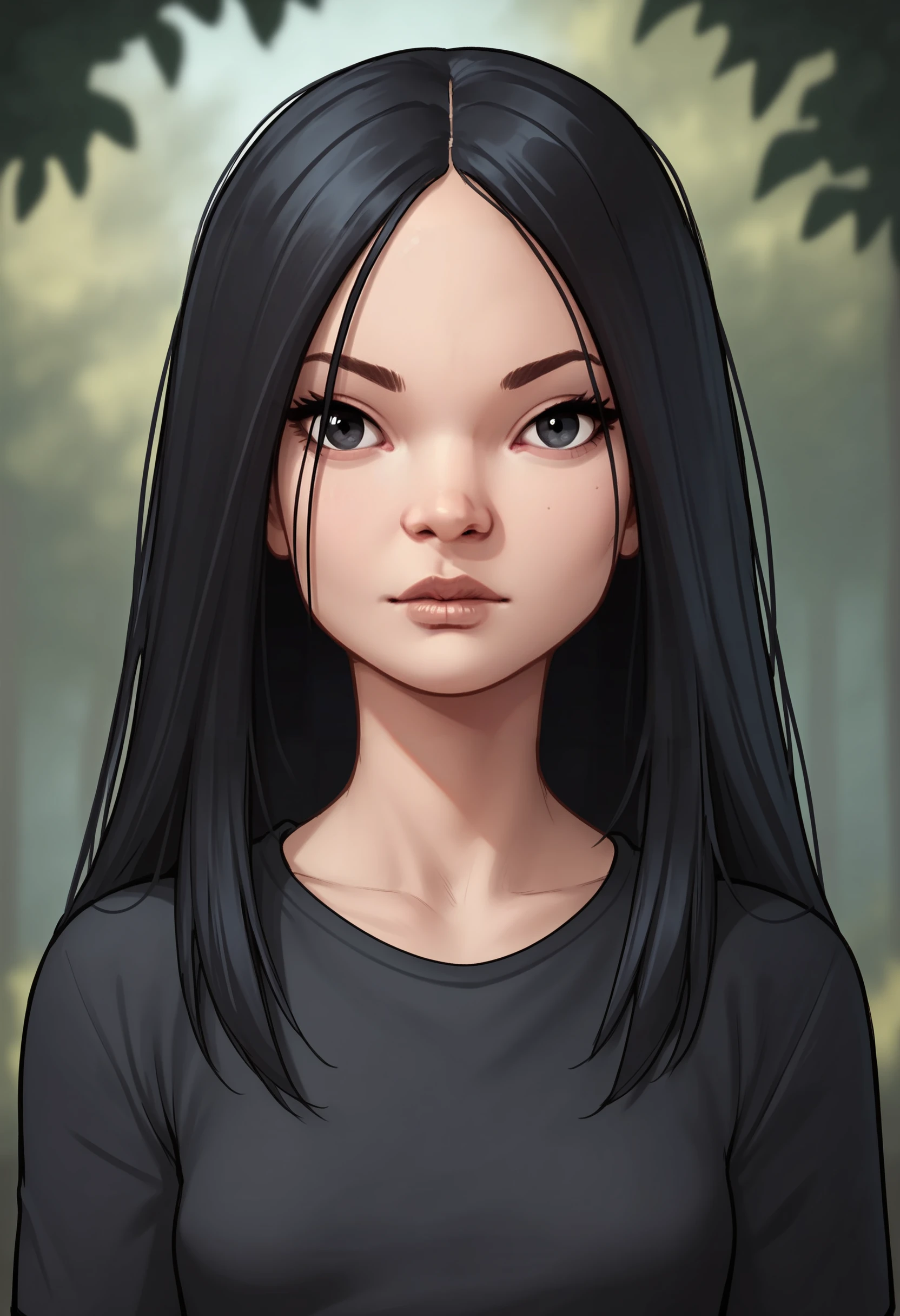 score_9, score_8_up, score_7_up, score_6_up, score_5_up, score_4_up, source_western, source_cartoon, 1girl, <lora:TheFemale:0.7> small breasts, black eyes, black hair, long hair, black shirt, looking at viewer, upper body,
forest background, blurry background,