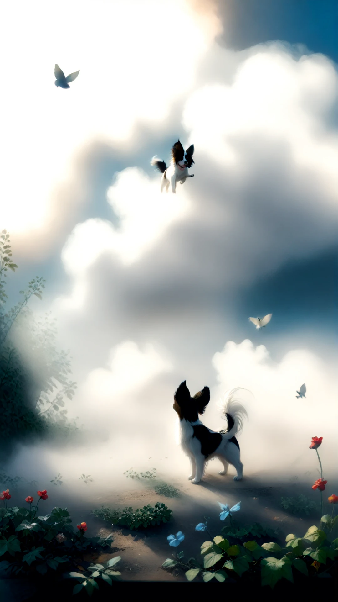 (3 dogs:1.2) playing in center, NOBLEDOGS_CTS    <lora:NOBLEDOGS_CTS-000018:0.53> NOBLEDOGS_CKCS    <lora:Noble_Dogs_XL_CKCS_E27:0.33>, (Phalene and Papillon dogs with long hairs blown by wind:1.3), (smiling and waving its tail:0.7), dark eyes of cute puppies, fit beautiful toy spaniel dogs
BREAK dogs are playing inside (cozy royal garden:1.1), big size difference in surreal dreamy picture, (unusual surreal perspective:1.2), (low contrast soft pastel drawing:1.1), (cloudy:-0.3) (sky with soft  dimmed light at early morning:0.8), full body detailed photorealistic drawing drawn by hand, (leafs and birds:0.8), (realistic highly detailed turbulent fog:0.8)
BREAK soft focus,  (shallow depth of field, Helios_44_2 swirly bokeh:0.6), (light leaks, gloom:0.4), (analog film simulation:0.8),  <lora:[XL]bokeh:0.17>  <lora:epiCRealismHelper:0.33>   <lora:Malapris_CinematicRedmond_LORA-128-001a:0.33> vintage  <lora:vintage-XL:0.33>