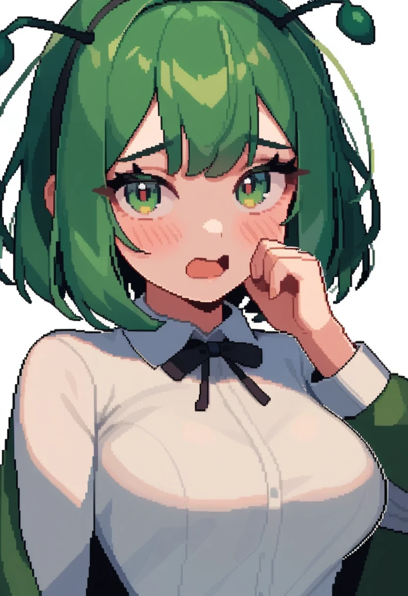 masterpiece,best quality,very aesthetic,absurdres,<lora:pixel_art_v2:1>,1girl, antennae, blush, cloak, collared_shirt, commentary, green_eyes, green_hair, looking_at_viewer, open_mouth, pixel_art, shirt, short_hair, simple_background, solo, upper_body, white_background, white_shirt, wriggle_nightbug