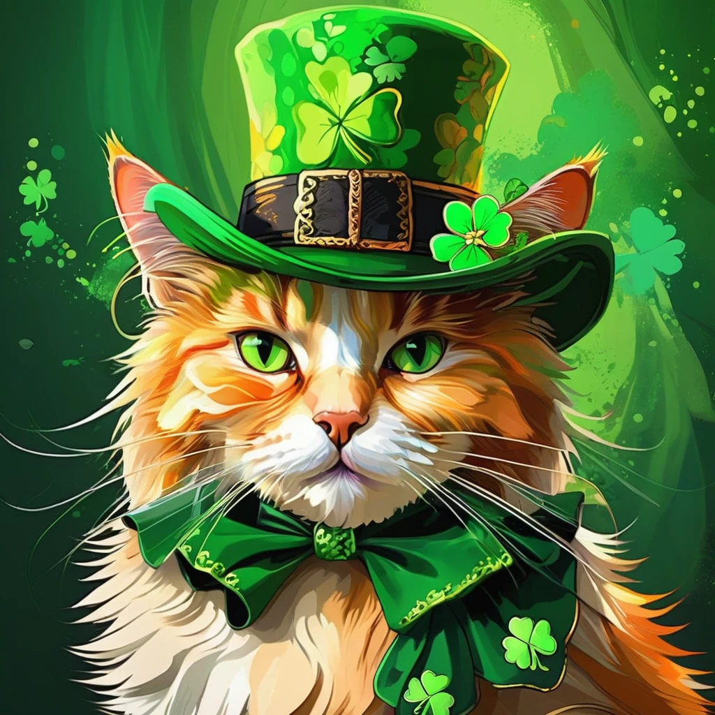anime style, A strikingly majestic St. Patrick's Day cat wearing a leprechaun hat and a fake green beard, its fur exhibiting a stunning blend of colors, reminiscent of the intricate strokes of a master painter,anime color style, rich details, in the style of <lora:style_lora_adafactor:0.8>