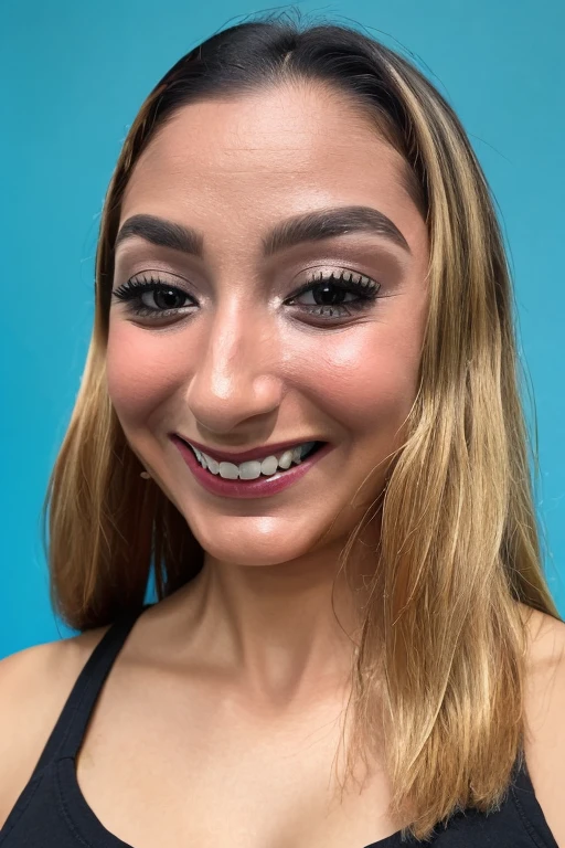 masterpiece, best quality, <lora:danielap-10:0.7> danielap, a woman wearing black shirt, blonde hair, upper body, looking at viewer, smile, indoors, simple background, aqua background, absurdres, highly detailed, perfect photo