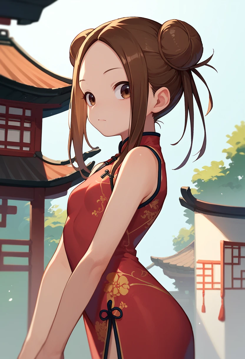 score_9, score_8_up, score_7_up, 1girl, solo, Takagi, brown hair, brown eyes, china dress, double bun, east asian architecture, <lora:Takagi-san-000008:1>