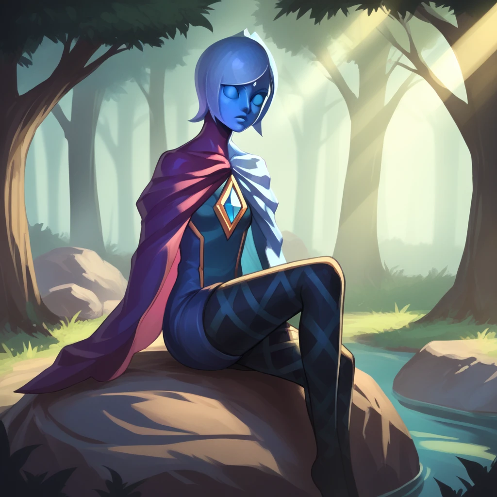 score_8_up, BREAK,  FI , 1girl, solo, short hair,  blue skin,  no eyes, pantyhose, cape,  <lora:FI_SkywardSword_XL_Leaf1v3:1>,  cowboy shot, sitting on rock , forest, light rays,