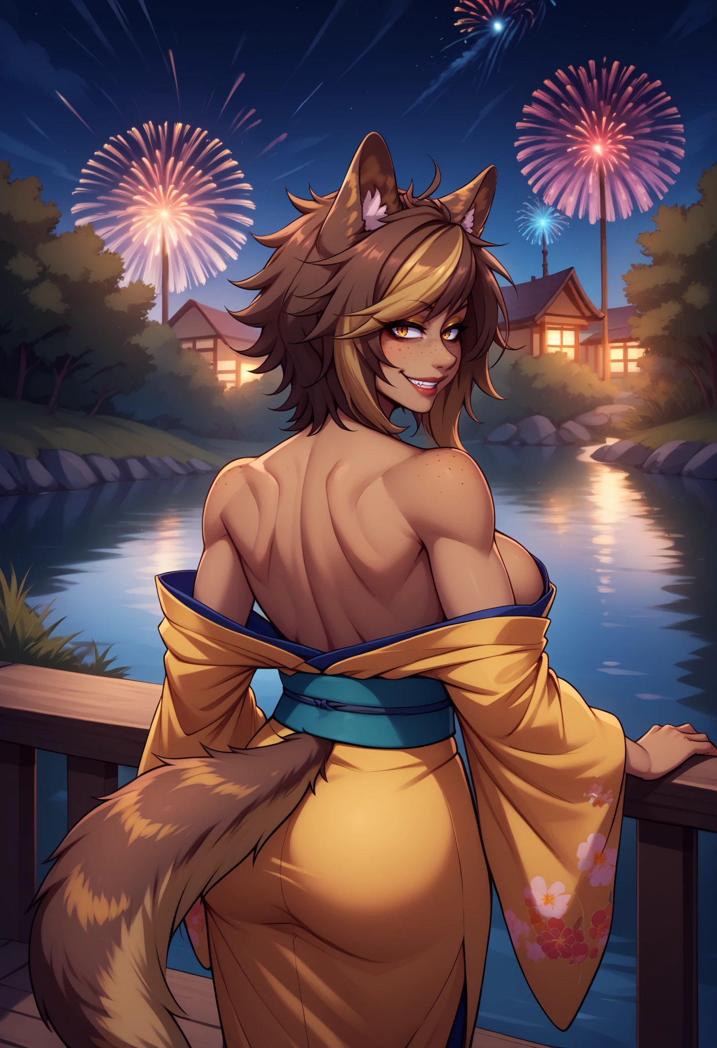 score_9, score_8_up, score_7_up, BREAK 1girl, couple, hyemayeso, dark-skinned female, wolf girl, animal ears, freckles, wolf tail, multicolored tail, makeup, gold eyeliner, multicolored eyes, multicolored hair, streaked hair, medium hair, large breasts, <lora:HyenaMayesoPDXL_V1-Manityro-CAME:1.0>, outdoors, night, dark, fireworks, river,
looking at viewer, looking back, smile, cowboy shot, muscular, rear view,
animal print kimono, off-shoulder kimono,