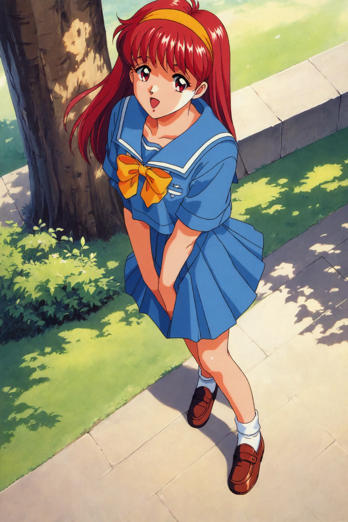 score_9,score_8_up,score_7_up,
Fujisaki Shiori,1girl,retro artstyle,solo,1990s (style),blue school uniform,yellow hairband,long hair,tree,blue skirt,outdoors,red hair,shoes,standing,school bag,serafuku,open mouth,red eyes,pleated skirt,v arms,from above,looking at viewer,
<lora:Tokimeki Memorial_XL_PONY:0.8>,