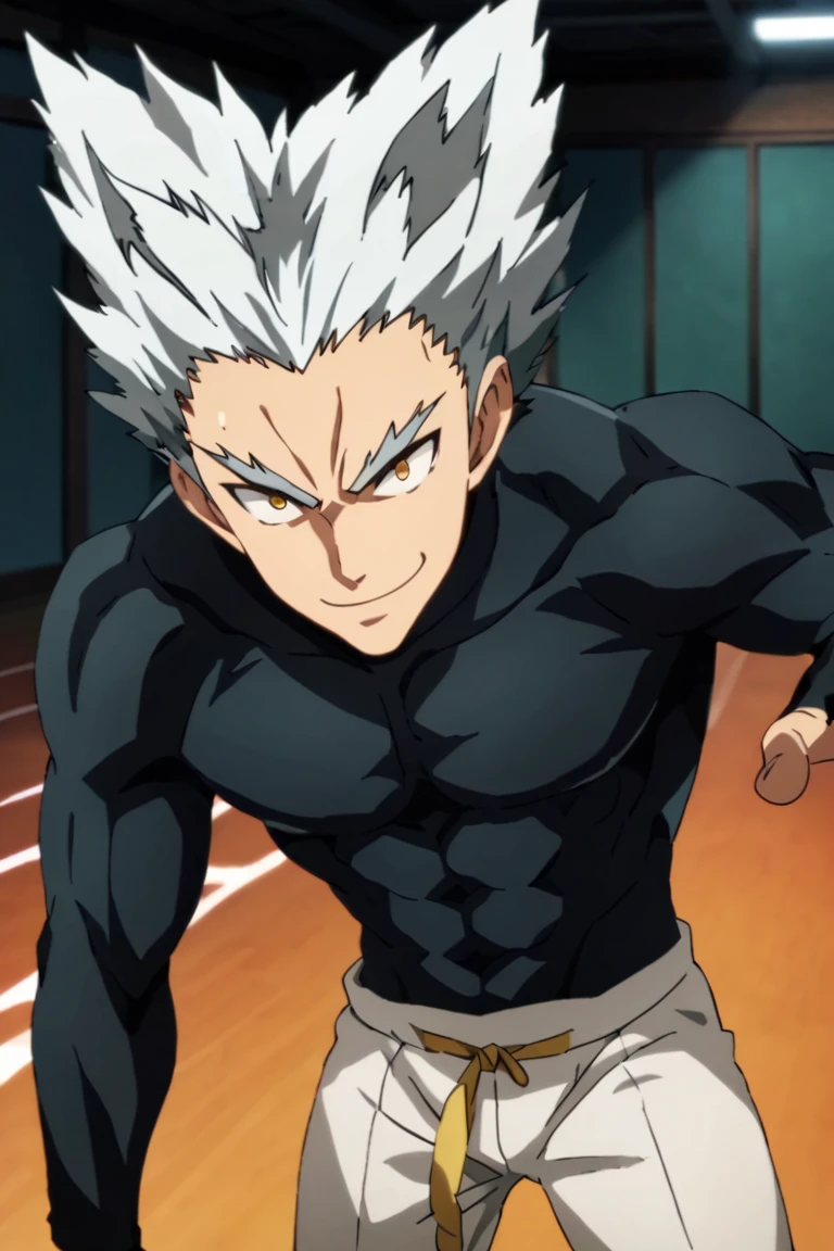 score_9,score_8_up,score_7_up,source_anime,1boy, male, solo, looking at viewer, Garou,silver hair, yellow eyes,spiked hair, muscler, indoors, upper body, black_bodysuit, white pants, evil smile, fighting pose,