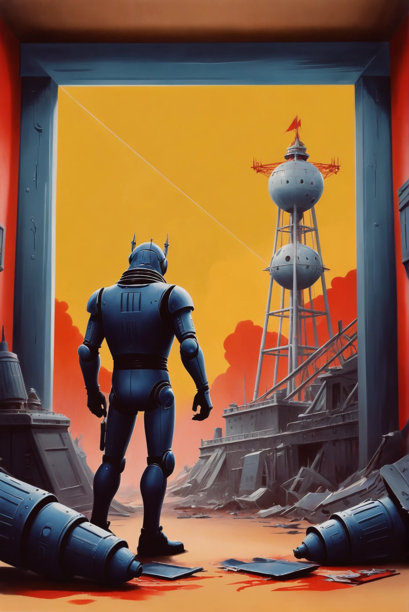 retro 1940s fantasy book cover, rough brush strokes, 3D Printing and Fabrication Workshop \(room\) <lora:EnvyStarlightRetro04:1.25>