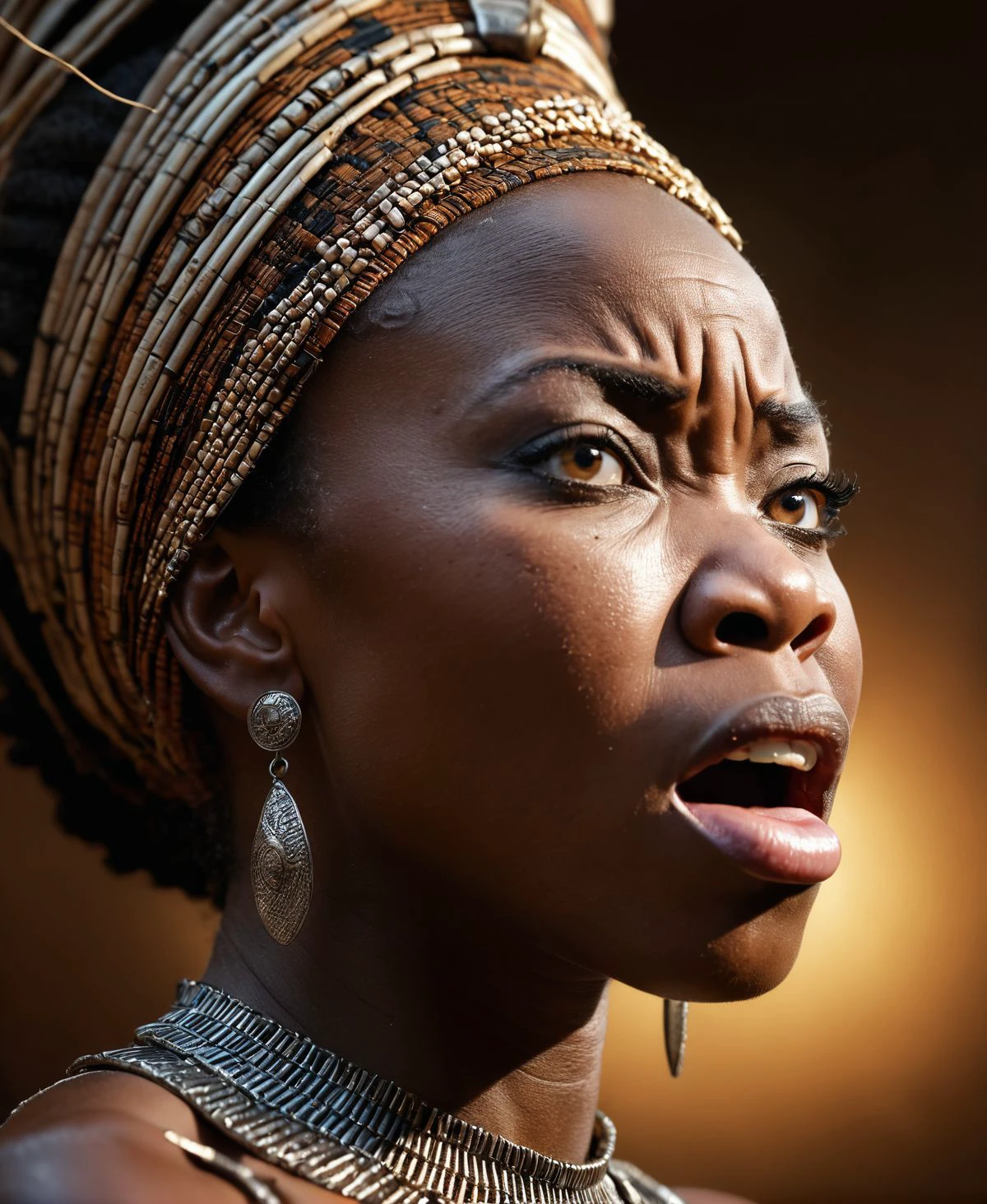 a dramatic profile portrait of an african queen looking at viewer fiercely angry, facial expression, furrowed eyebrows, open mouth, wide open eyes, profile, dreamlike, face focus, intricate details, sharp focus, photography, photorealism, photorealistic, soft focus, volumetric light, soft cinematic light, dramatic atmosphere, atmospheric perspective,