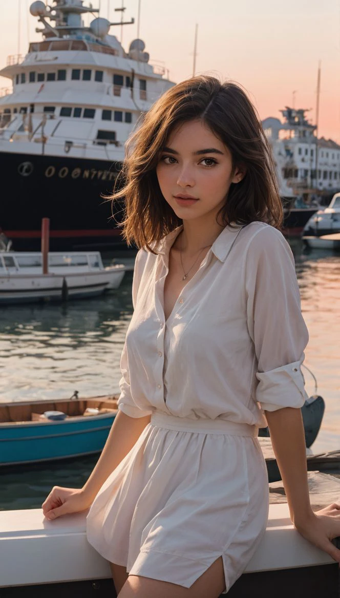 (masterpiece drawning, high quality), (solo:1.1), a digital art of a spanish girl, epic Sunrise, boat port, (soft lighting), Porta 160 color, shot on Leica T, sharp focus on subject, shot by Candida Höfer, Extreme detail, (vibrant color), (random background), depth of field