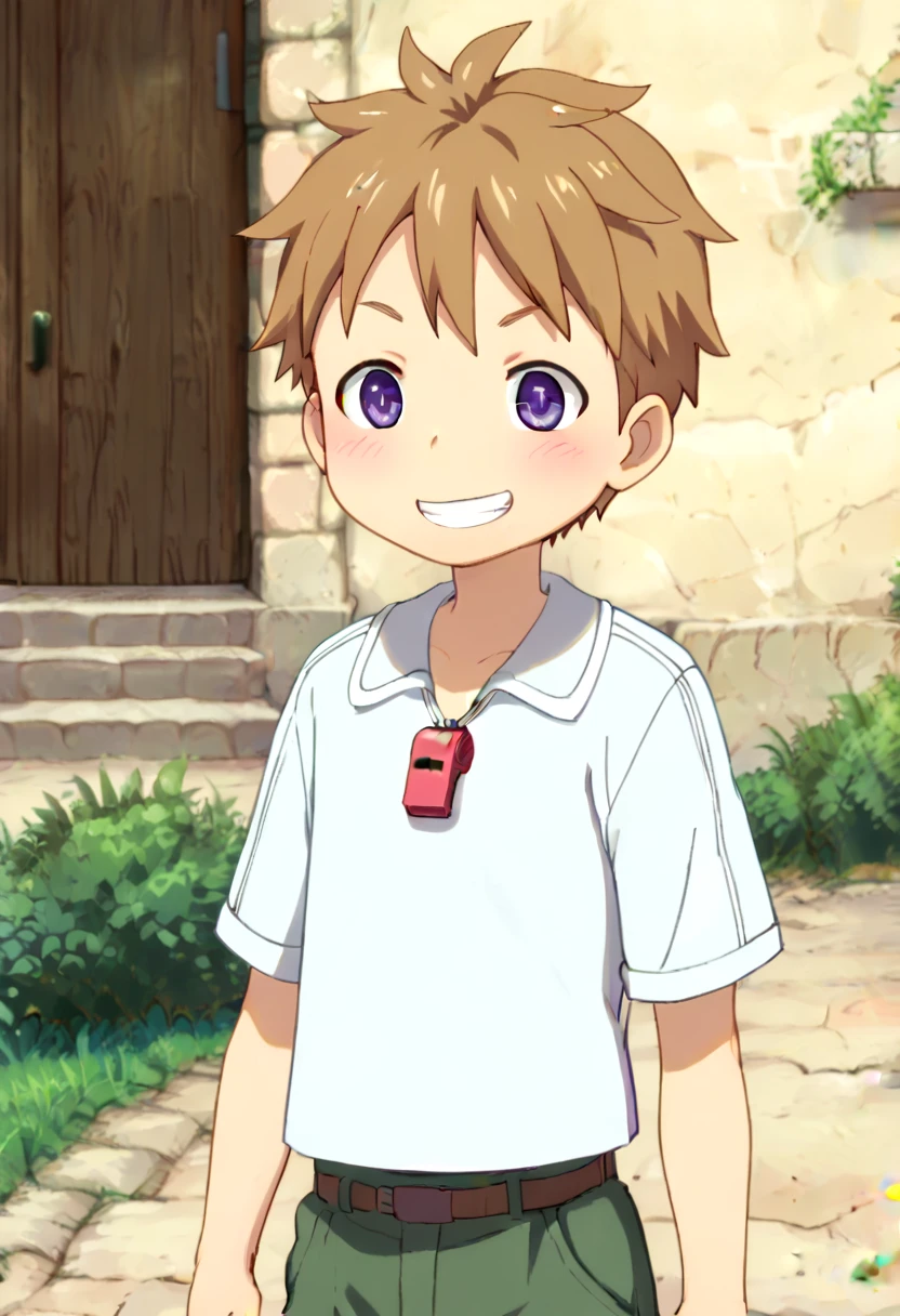 score_9, score_8_up, score_7_up, detailed eyes, BREAK
straight on shot, standing,
 <lora:natPony-000016:0.7>mia_nat, petite, aged down, child,
one boy standing in a stone village.
He has Brown hair and purple eyes. 
He wears a red whistle as a pendand around his neck,close up,
grin