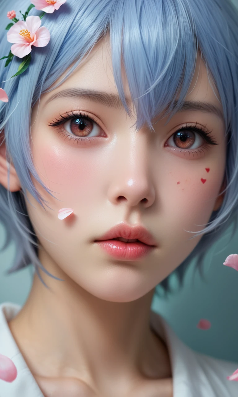 score_9, score_8_up, score_7_up, best quality, masterpiece,realistic, score_9, score_8_up, score_7_up, Girl's profile picture, light pink bobcut hair like a ayanami with bangs, light blue petals on cheeks, realistic skin texture, detailed picture, close-up, HD32kã