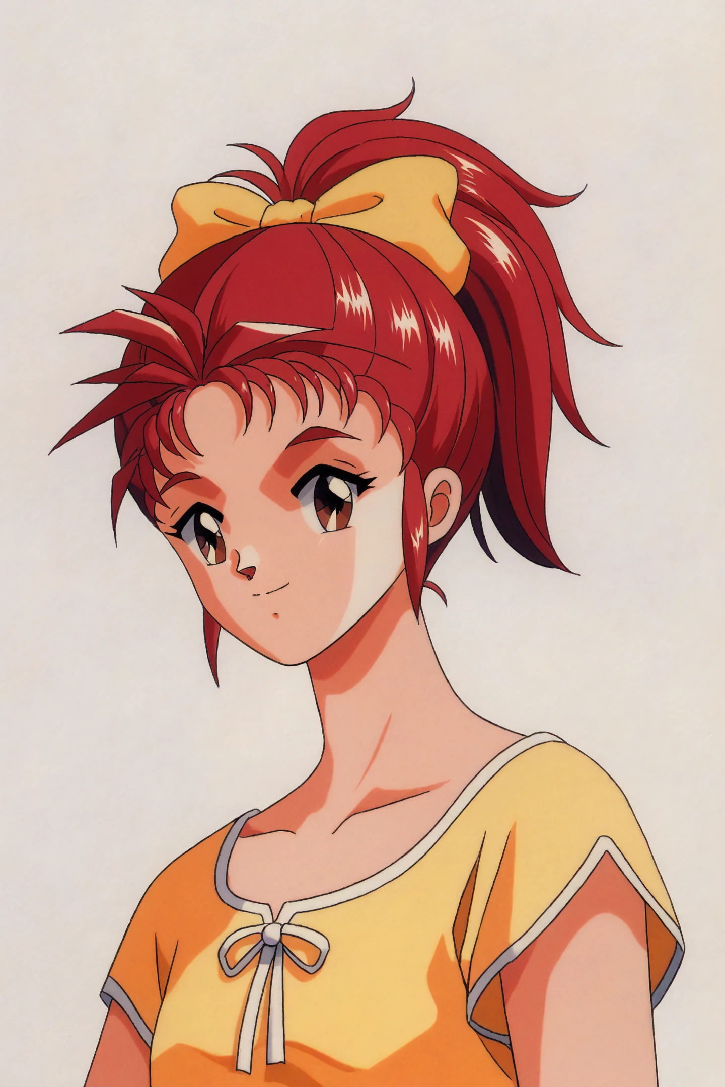 score_9,score_8_up,score_7_up,masterpiece,best quality,
Yumi Saotome,1girl,solo,1990s (style),retro artstyle,smile,red hair,short sleeves,upper body,high ponytail,simple background,ponytail,white background,bow,hair bow,brown eyes,long hair,yellow shirt,shirt,collarbone,red eyes,yellow bow,
<lora:Tokimeki Memorial_XL_PONY:1>,