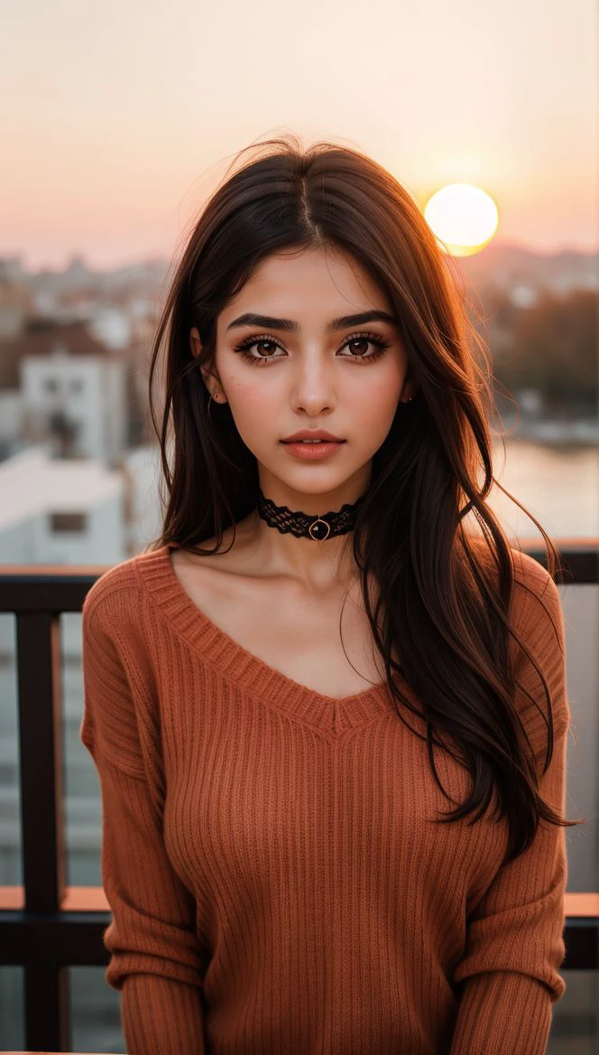 1 young cute iranian girl, very slim, skinny, redhead, rouge, red neck lace choker, cateyes makeup, colorful, oversize knit jumper, softcore, warm lighting, cosy atmosphere, Instagram style, red theme, upper body shot,(cinematic, black and red:0.85), (sunset beautiful background:1.3), sharp, dim colors