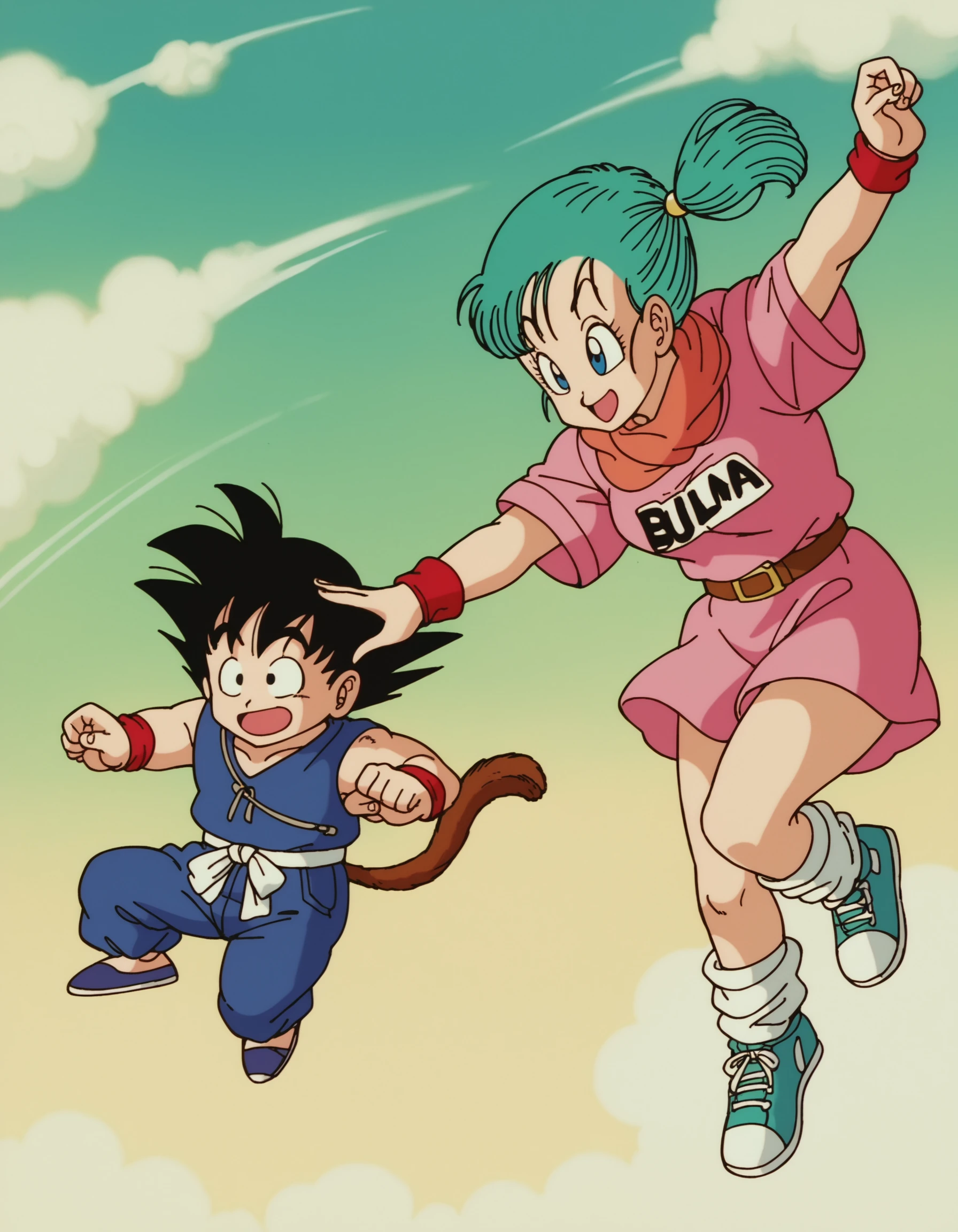 zPDXL, score_9, score_8_up, score_7_up, source_anime, 8k, absurdres, 1980s \(style\), retro artstyle, anime coloring,
1girl, <lora:EarlyAkirav1-1:0.8> drgbls1, son goku, black hair, black eyes, bulma, blue hair, blue eyes, multiple characters, 1boy, outdoors, jumping, dynamic pose, happy, smiling, pink dress, belt, scarf, loose socks, sneakers,