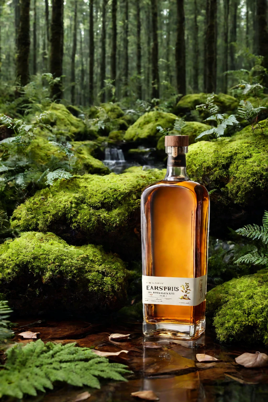 XCYP Product Shooting Scene, E-Commerce Scene, Ultra High Resolution, 32K UHD, Best Quality, Masterpiece, (Romantic Theme, Nature, Forest, Plant Leaves, Flowers, Wood, Moss, Water Surface, Premium) (Bottle of Whiskey)