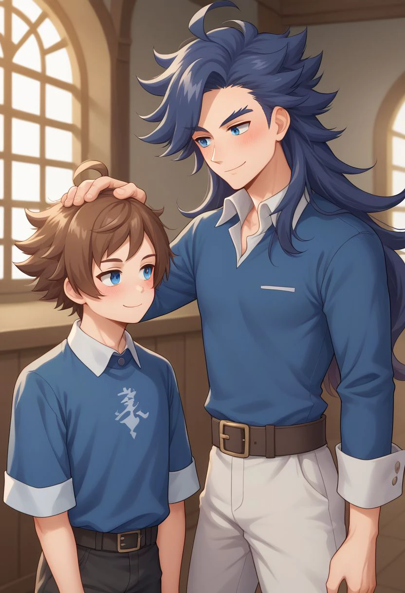 score_9, score_8_up, source_anime, highly detailed, 2boys, male_focus
janne,  1boy, long hair, blush, male focus,  long hair, blue hair, spiked hair, shirt, blue eyes, blue shirt, collared shirt, BREAK
yew, 1boy, brown hair, male focus, ahoge, smile, blue shirt, collared shirt,
indoor, medieval, hand on other head, petting,