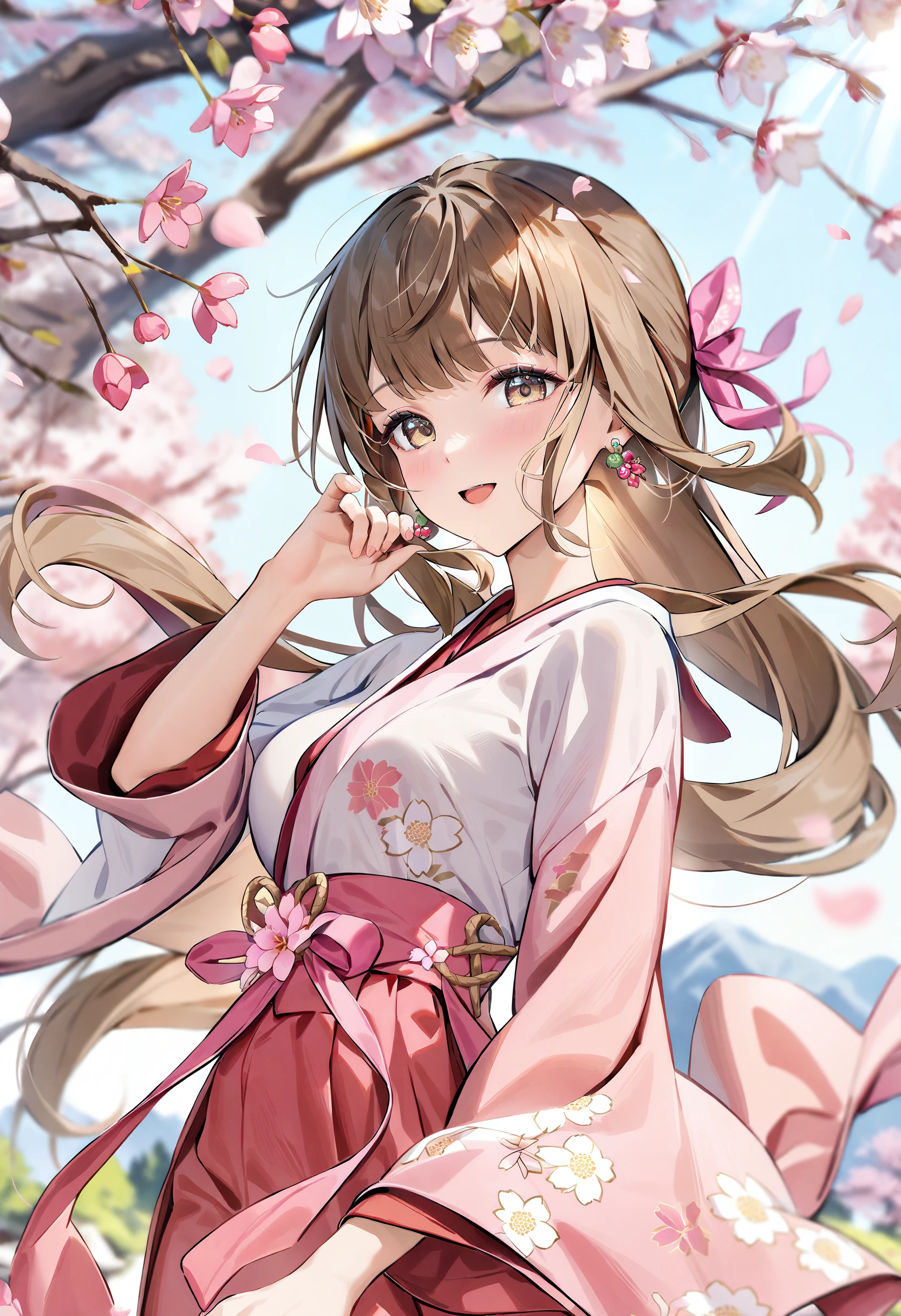 <lora:Animagine_Style7256193366v5-000210:1>, 1girl, solo, long hair, close up face, pink hakama, cherry blossoms, floral print, looking at viewer, outdoors, wide sleeves, long sleeves, flower, brown hair, brown eyes, blush, standing, earrings, tree, day, pink flower, jewelry, medium breasts, floating hair, yellow eyes, hand up, flower earrings, branch, sidelocks, spring (season), :d, falling petals, feet out of frame, sunlight, hair ribbon, cowboy shot, blurry, masterpiece, best quality, very aesthetic, absurdres