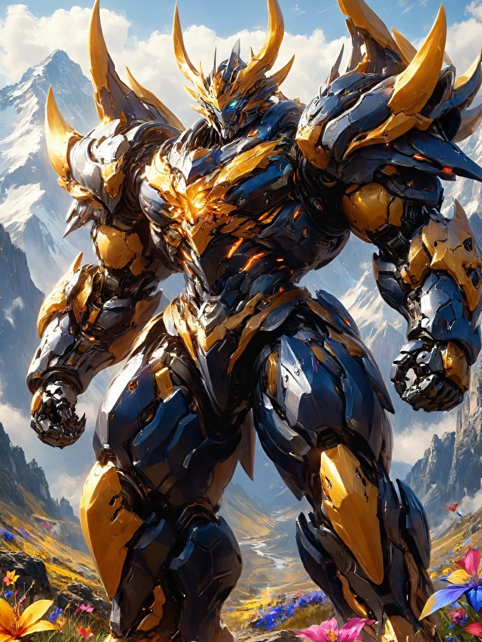 Super realistic,photography,cinematic lighting,A robot wearing heavy armor stood at the top of a mountain,with colorful wildflowers blooming at its feet,the dragon mech had an armor of teeth and claws,the armor was sharp enough to keep people away,highly saturated,brilliant colors,glowing,<lora:n2-bodybuilder-000012:0.6>,(bodybuilder,huge muscle,thick limbs,thick thighs,muscle:1.2),(extremely muscular:1.2),<lora:p9-nijimecha-000009:0.5>,nijimecha,<lora:Hyper-SDXL-8steps-CFG-lora:0.3>,