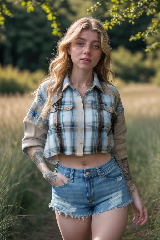 DEN_liz_imsadspice,
(walking through a tallgrass meadow wearing (Jean shorts:1.3) and (plaid shirt:1.3), meadow, wild, overgrown, walking,:1.1),
bokeh, f1.4, 40mm, photorealistic, raw, 8k, textured skin, skin pores, intricate details <lora:epi_noiseoffset2:1>, epiCRealism