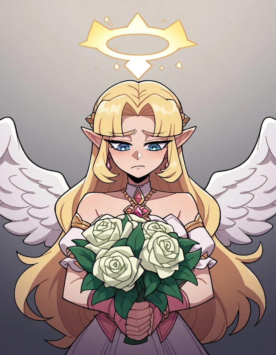 zPDXL, score_9, score_8_up, score_7_up, source_anime, 8k, absurdres,
1girl, solo, <lora:Vanitaker:0.8> vanitaker, Zelda, blonde hair, angel wearing Ethereal white ensemble with a flowing top, layered tulle skirt, wearing a intricately woven crown of lilies and roses, pink stockings, pink ballet flats, feathered (angel wings), (angel halo), clutching a bouquet of blooming flowers imbued with divine fragrance, upper body, portrait,