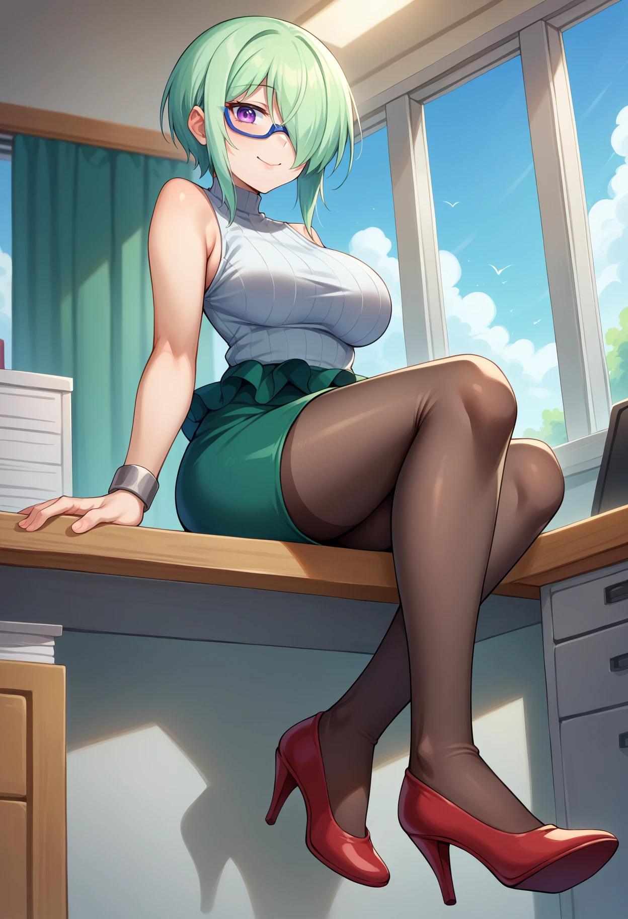 score_9,score_8_up,score_7_up BREAK 1girl,jelodruj,solo,office,desk,sitting,from below,full body,green hair,purple eyes,hair over one eye,blue-framed eyewear,bespectacled,turtleneck sweater,sleeveless,grey wristband,green skirt,pencil skirt,medium skirt,pantyhose,red footwear,high heels,looking at viewer,seductive smile,<lora:Druj-JeloXL-000008:1>,