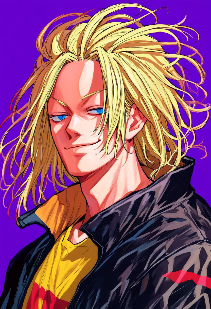 score_9, score_8_up, score_7_up, score_9,4k, HD, 8k, highres, BREAK, Sakamoto Days, Yuto Suzuki, 1boy, teenager, solo, blonde hair, long hair, long bangs, blue eyes, yellow t-shirt, black coat, fingerless gloves, smirk, half closed eyes, dynamic pose, halfbody, portrait, vibrant colors, simple background, purple background,