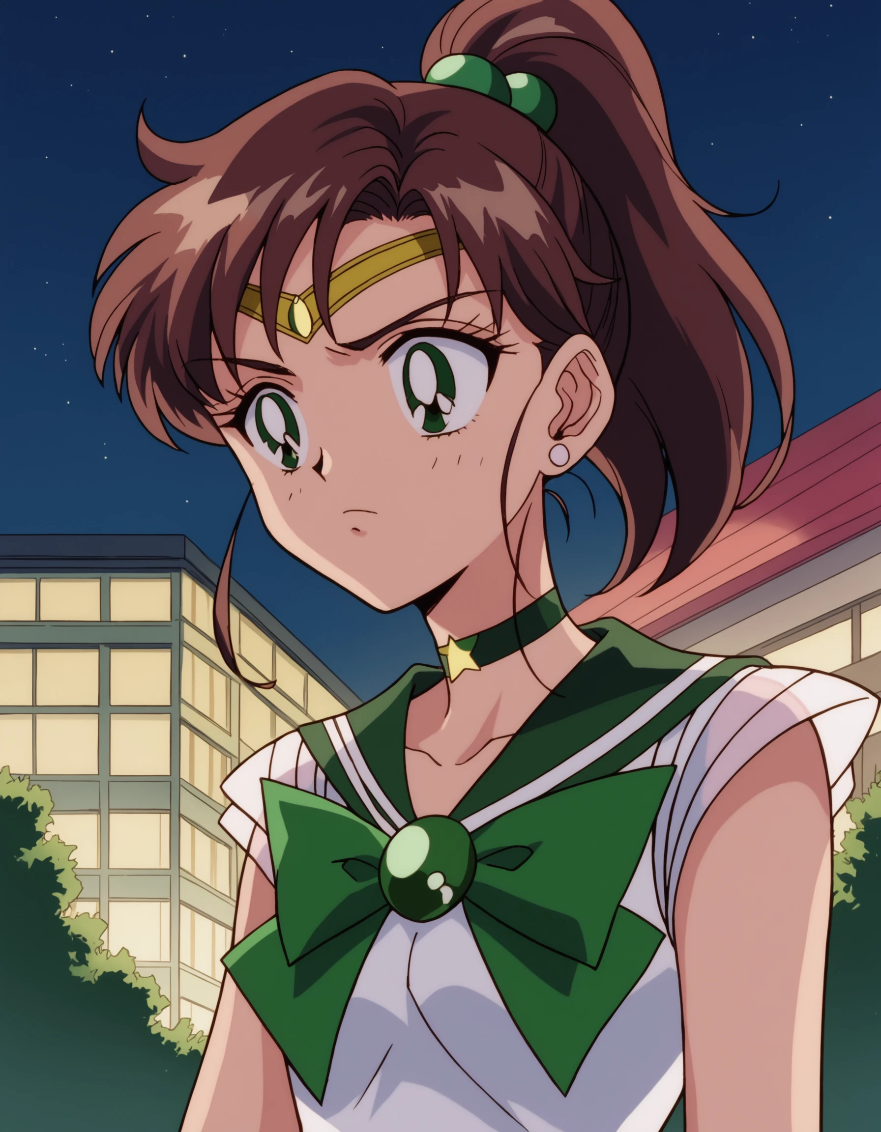 zPDXL, score_9, score_8_up, score_7_up, source_anime, 8k, absurdres,
1girl, solo, <lora:SailorMoon_v1:1> slrmn, sailor jupiter, kino makoto, green eyes, brown hair, ponytail , night sky, night, building, lamppost,