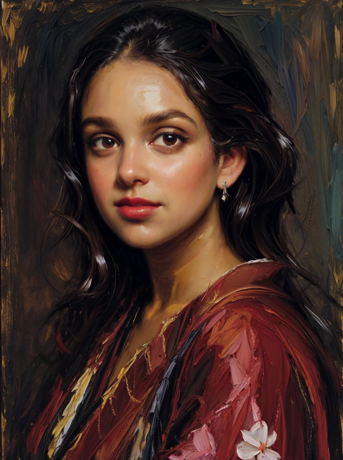 <lora:add_detail:0.5>, (oil painting:1.2), <lora:Viswanathan:0.85>, artistic, best quality, realistic face, solo, looking to the side, upper body portrait, parted lips, kimono, <lora:classic_oil_painting:0.8>