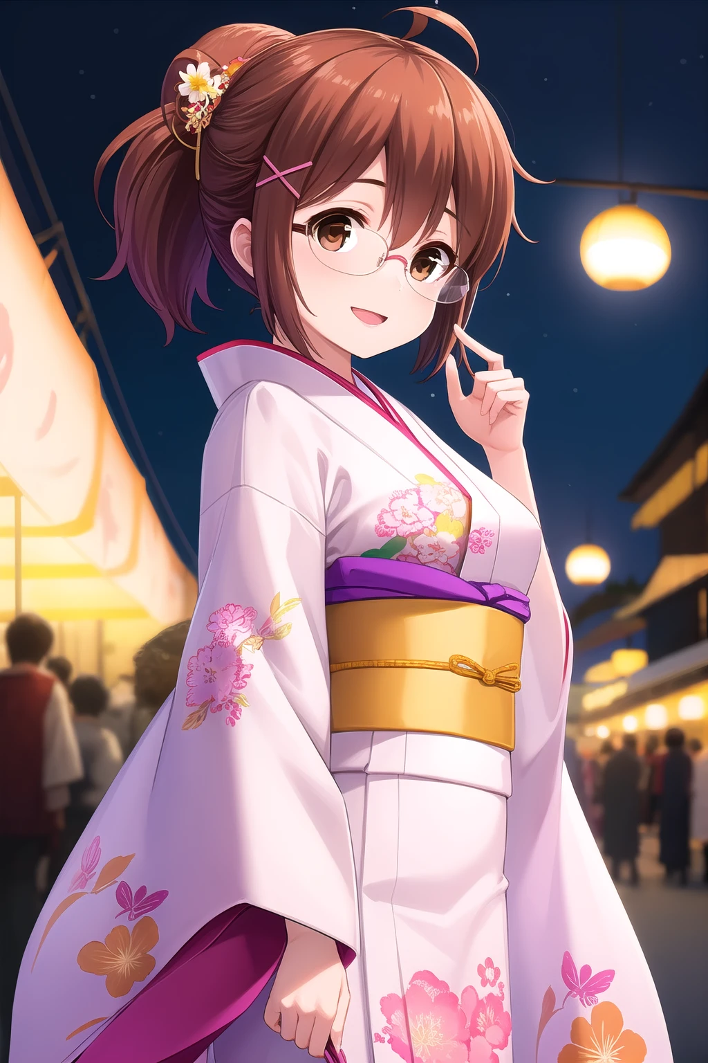(masterpiece, best quality), highly detailed background, perfect lightingbest quality, kakeisonomi, solo, outdoors, night, summer festival, light brown hair, ahoge, ponytail, hair between eyes, x hair ornament, short hair, glasses, brown eyes, medium breasts, yellow kimono, wide sleeves, floral print, japanese clothes, smile, open mouth, :d, pink lips, <lora:Kakei-Sonomi:0.7>