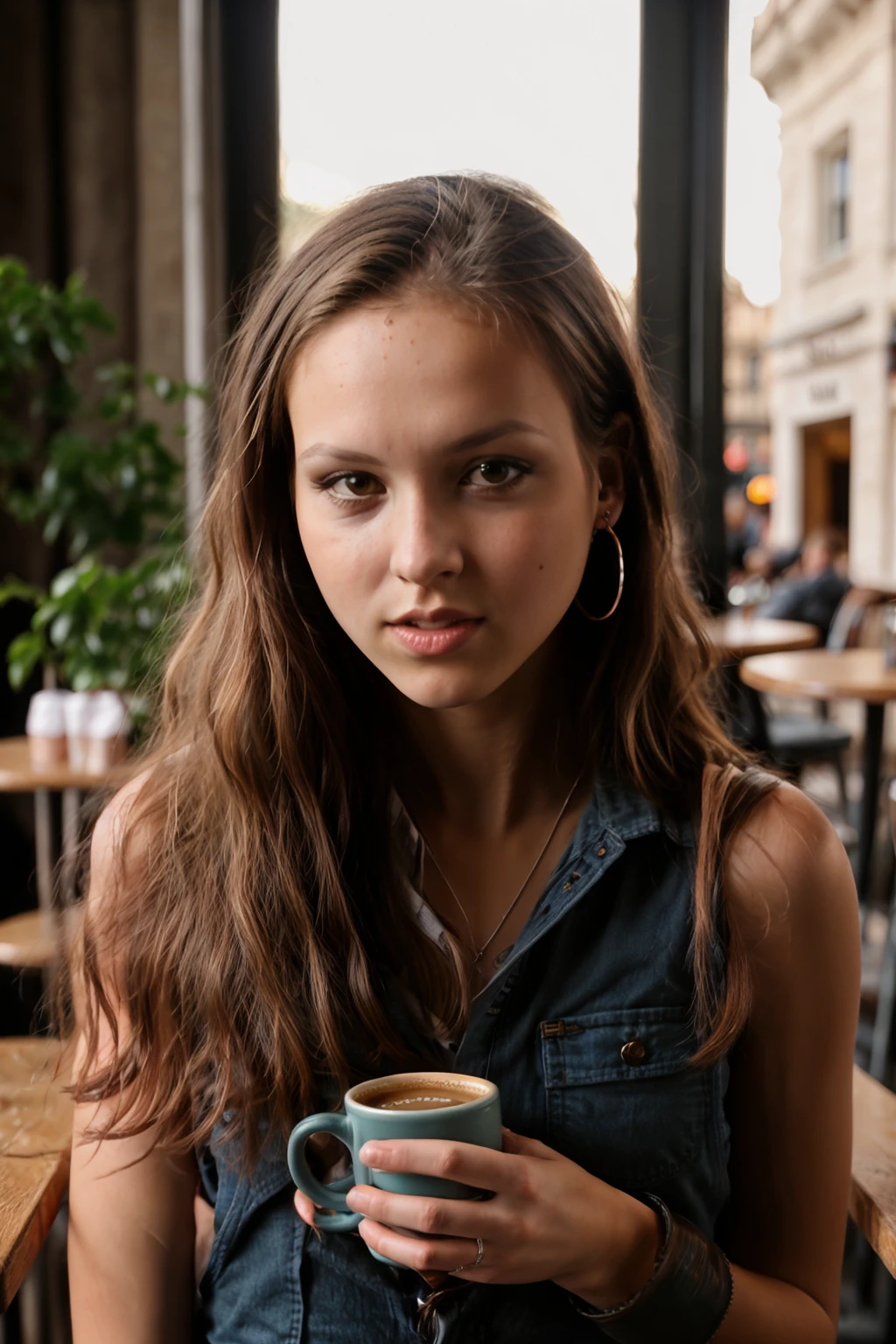 <lora:AndreaBetakova:0.80>, full color portrait of a young woman, having coffee at a vintage cafe, natural light, RAW photo, subject, 8k uhd, dslr, soft lighting, high quality, film grain, Fujifilm XT3, Nikon D850
