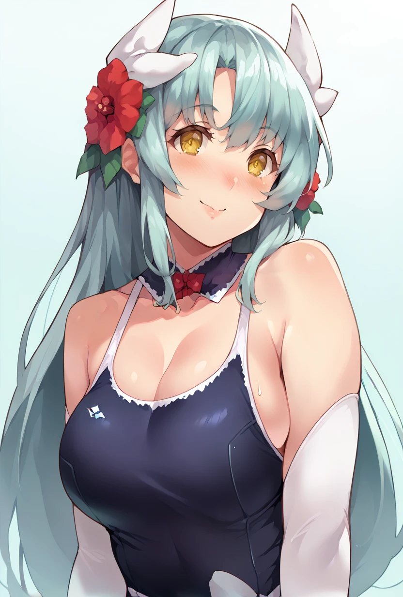 score_9,score_7_up <lora:kiyohime_(lancer)_XL_1:1>  bbkiyo, long hair, aqua hair, white horns, hair flower, red flower, yellow eyes, detached collar, cleavage, school swimsuit, blue one-piece swimsuit, elbow gloves, white gloves, sash, blush, smile, mature girl, mature female  <lora:kekemotsu-Style-PonyXL-Dora-000031:1>