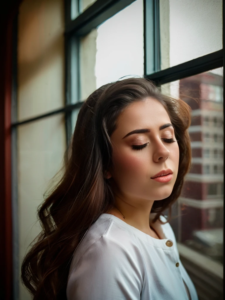Realistic photo of a beautiful d4sh4m woman,1girl, solo, long hair, brown hair, jewelry, closed eyes, window, realistic, fine art parody, professional Photography, Photorealistic, detailed, RAW, analog, sharp focus, high quality, film grain<lora:d4sh4m:1.0>