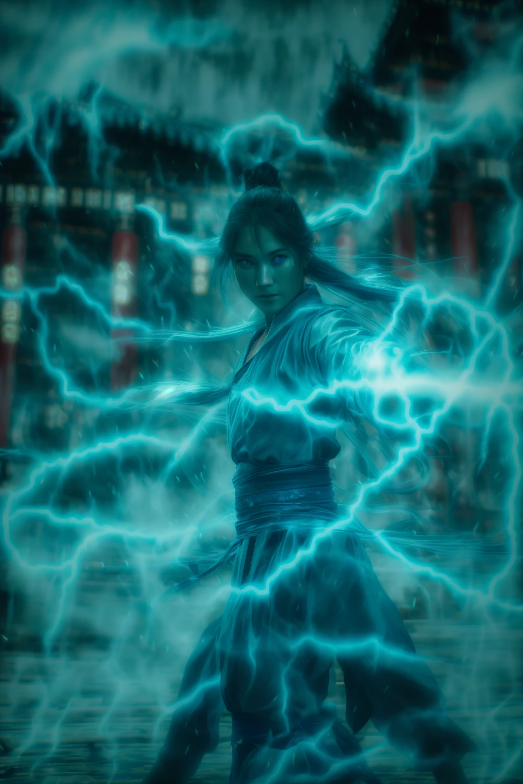 fighting stance,dancing,ancient-costume,cyan-aura,using cyan-lightning-magic,cyan-lightning-magic,using cyan-magic,cyan-magic,1girl,solo,long hair,blue eyes,<lora:magic_fighting_cyan_512_dreamshaper_8_3:1>,