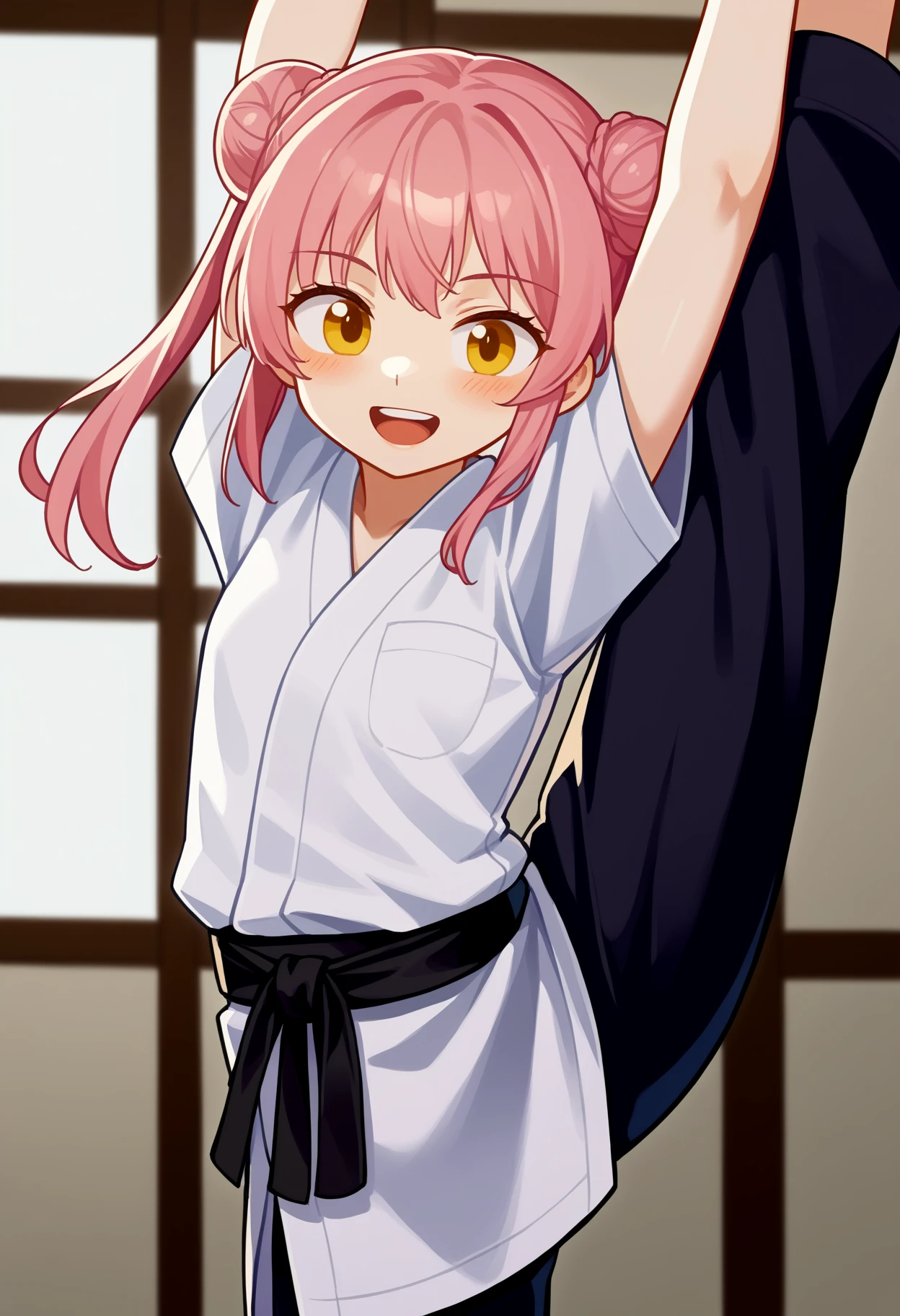 score_9, uncensored, source_anime
BREAK
1girl, solo, looking at viewer, blush, smile, open mouth, twintails, standing, upper body, yellow eyes, pink hair, short sleeves, teeth, barefoot, hair bun, arms up, upper teeth only, double bun, standing on one leg, stretching, split, standing, split, dougi, martial arts belt, karate gi, karate pants, black belt, indoors
<lora:antifreez3_pony_v2:1>
