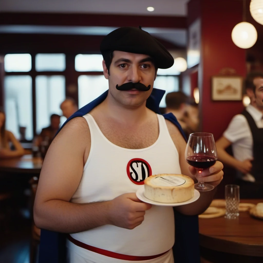 cinematic photo a man with a hat and a mustache wears a white costume with a cape, having red wine in a french pub, french cheese plate <lora:SuperDupont1024:0.8> . 35mm photograph, film, bokeh, professional, 4k, highly detailed