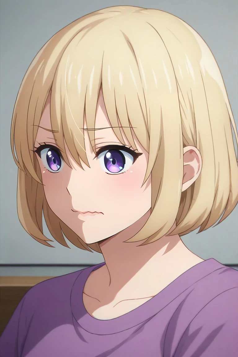 score_9, score_8_up, score_7_up, source_anime, rating_safe, , (realistic:0.6), , depth of field, 1girl, solo, <lora:sachi_umino_pony:0.76>, sachi_umino, blonde hair, purple eyes, short hair, bangs, hair between eyes, close-up, apartment, indoors, dark, standing on one leg, wavy mouth, , <lora:sdxl_lightning_8step_lora:1>