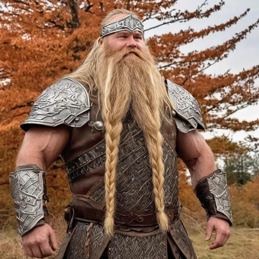 8k expansive  photo of  big viking man with a huge braided beard , full body, side view,  long blond hair, musclebound, bara, rugged masculine face, grim, dark age armor ,solo, hyperrealistic, northern, dappled sunlight, cloudy autumn weather, god rays, detailed background,   <lora:Big_Braided_Beards:1>