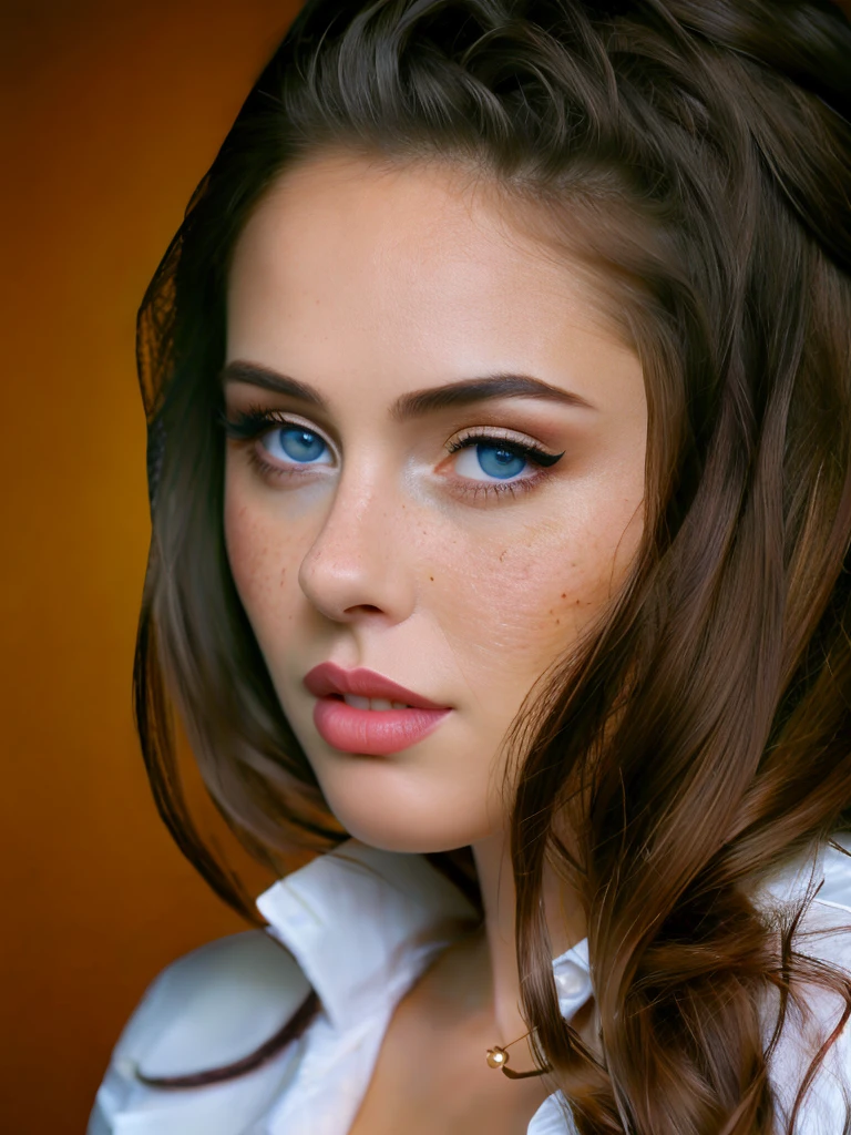 Realistic photo of a beautiful d4sh4m woman,1girl, solo, long hair, breasts, looking at viewer, blue eyes, brown hair, shirt, navel, sitting, parted lips, nail polish, lips, freckles, realistic, purple nails, professional Photography, Photorealistic, detailed, RAW, analog, sharp focus, high quality, film grain<lora:d4sh4m:1.0>