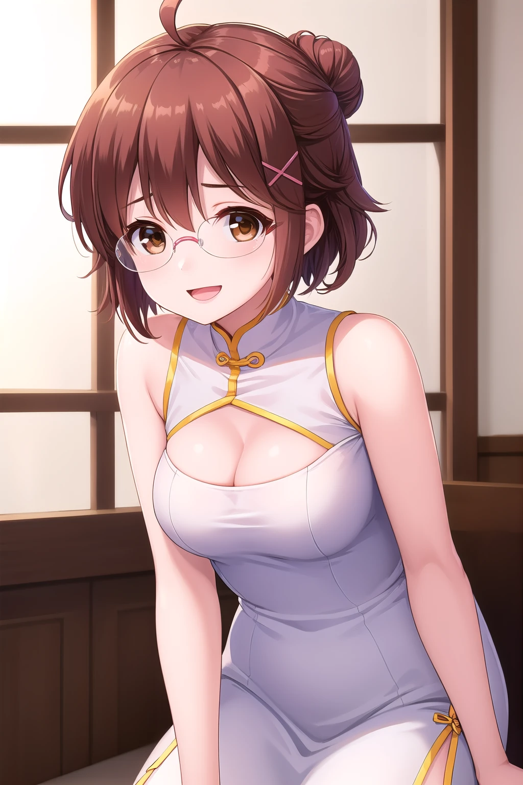 (masterpiece, best quality), highly detailed background, perfect lightingbest quality, kakeisonomi, solo, indoors, light brown hair, ahoge, hair bun, hair between eyes, x hair ornament, short hair, glasses, brown eyes, medium breasts, white dress, china dress, sleeveless dress, clothing cutout, cleavage cutout, bare shoulders, chinese clothes, smile, open mouth, :d, pink lips, <lora:Kakei-Sonomi:0.7>