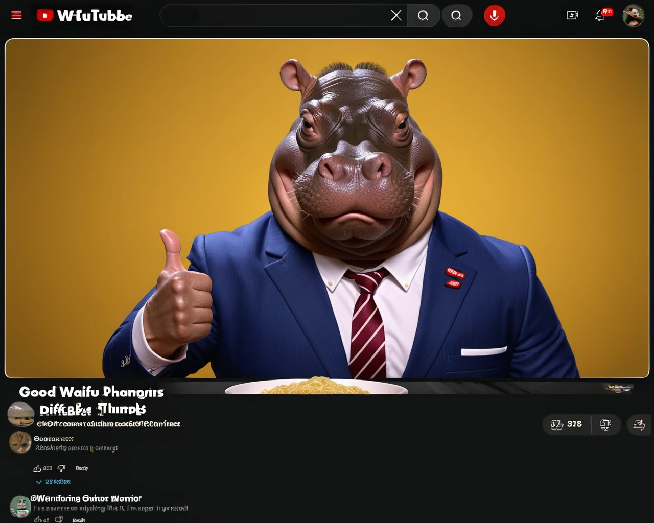 hyperdetailed photography, masterpiece
1Hippo, Hippo, solo, suits, glasses, tie, thumbs up
(ramen:1.2), Ramen bowl, Restaurants, Food Report, Thumbs Down, Frown
from front
<lora:Video_Sharing_Screen_02:1.0>, video_sharing_screen, chat log, english text, fake screenshot, YouTube