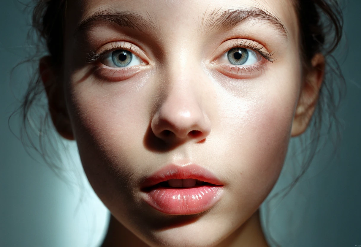 (RAW high-end photography by Martin Deschambault, Hassleblad camera), beautiful light, color corrected, symmetrical composition. girl's gorgeous ((wide slightly apart)) lips close-up, (natural human skin with visible pores and minor blemishes, very detailed, cluttered skin:0.1